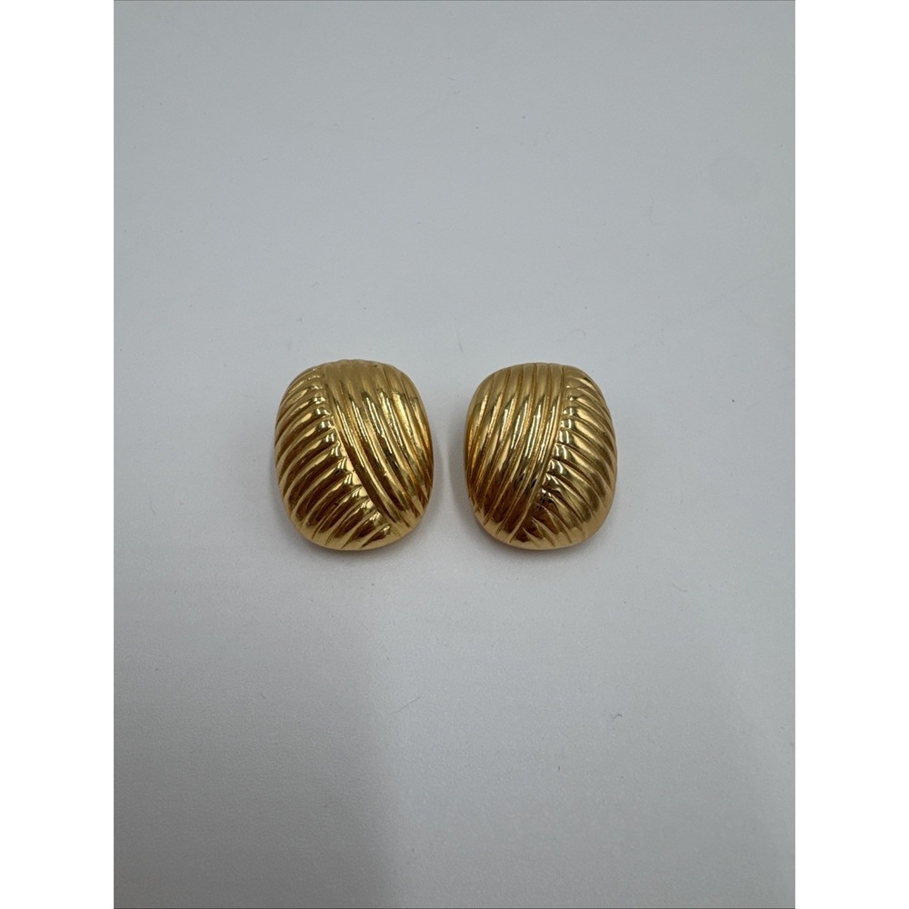Vintage Christian Dior Clip On Earrings Gold Tone Ribbed‎ Statement Signed